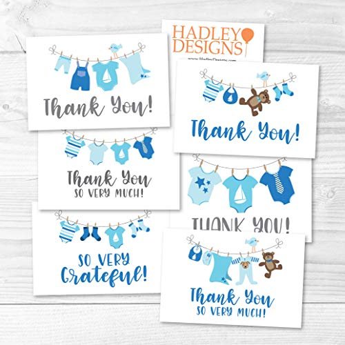 Blue Clotheline Folded Thank You Cards | Set of 24 | Baby Shower