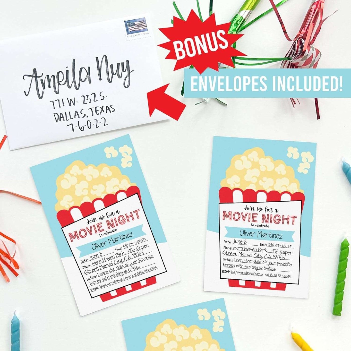 15 Movie Night Birthday Invitations Girl - Kids Birthday Invitations Boy, VIP Birthday Party Invitations For Boys, Birthday Invites For Boy, Outdoor Movie Night Birthday Invitation Cards, Party Invite