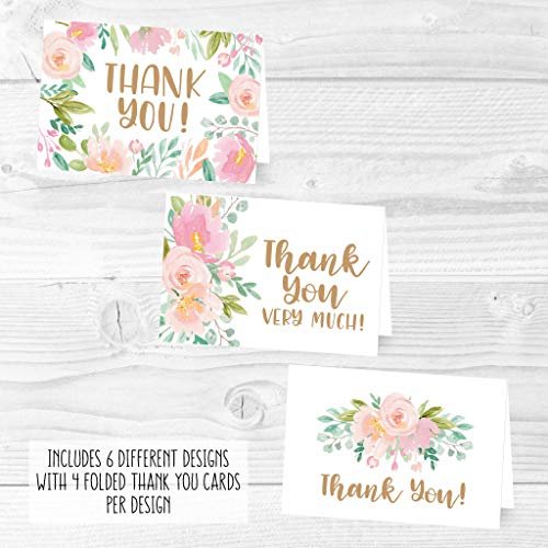 Pink Floral Folded Thank You Cards | Set of 24 | General