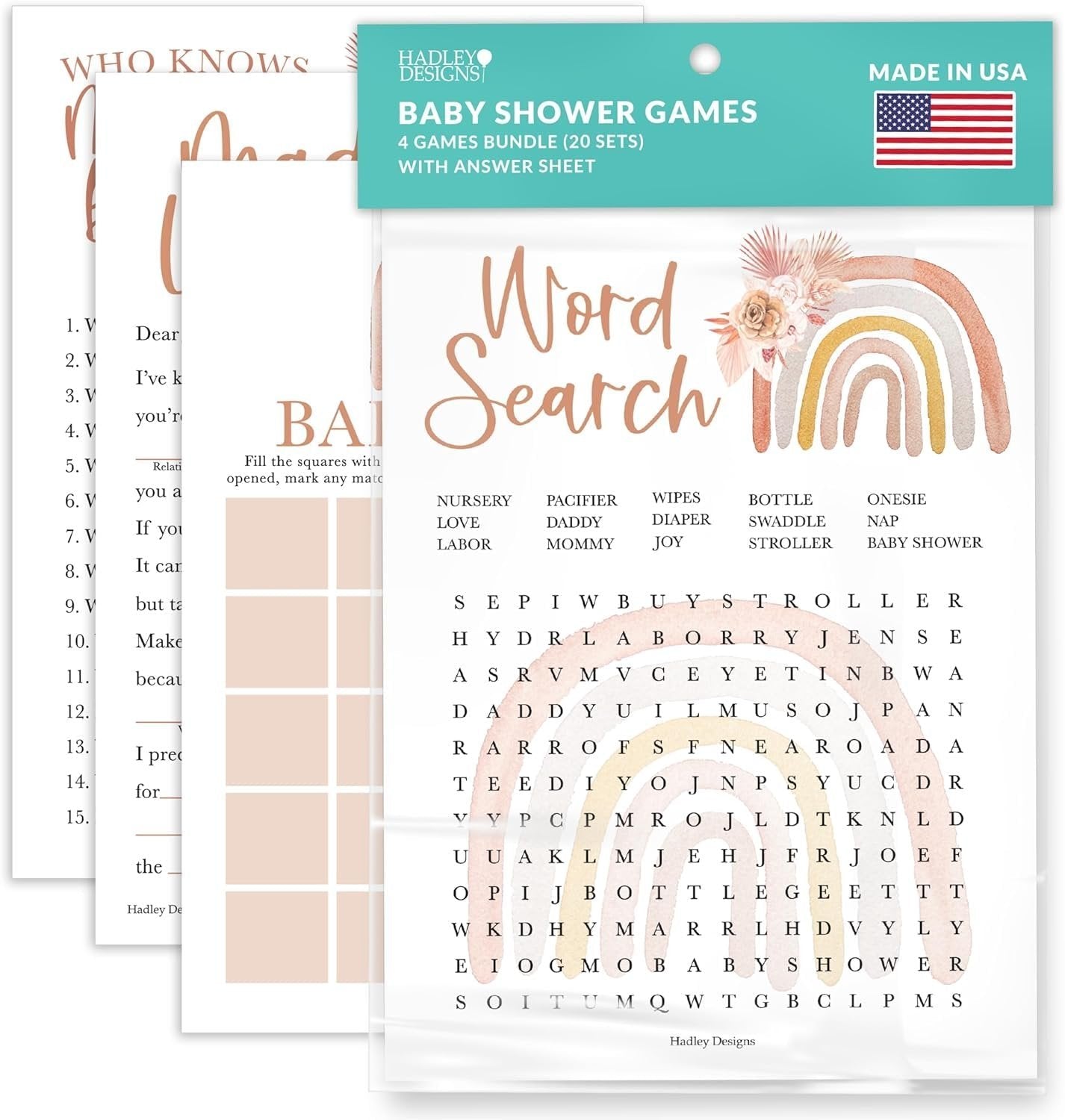 Word Search, Who Knows Mommy Best, Mad Libs, & Bingo Games | Set of 40 | Baby Shower Games