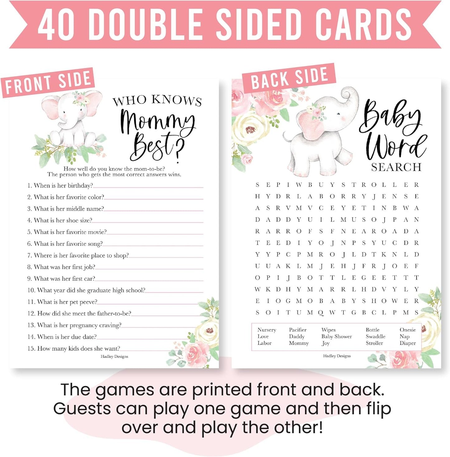 40 Elephant Baby Shower Games For Girl - Baby Games For Baby Shower Bingo Game Girl, Who Knows Mommy Best Baby Shower Game, Girl Baby Shower Word Search Game, Advice Cards Baby Shower Mad Libs Game