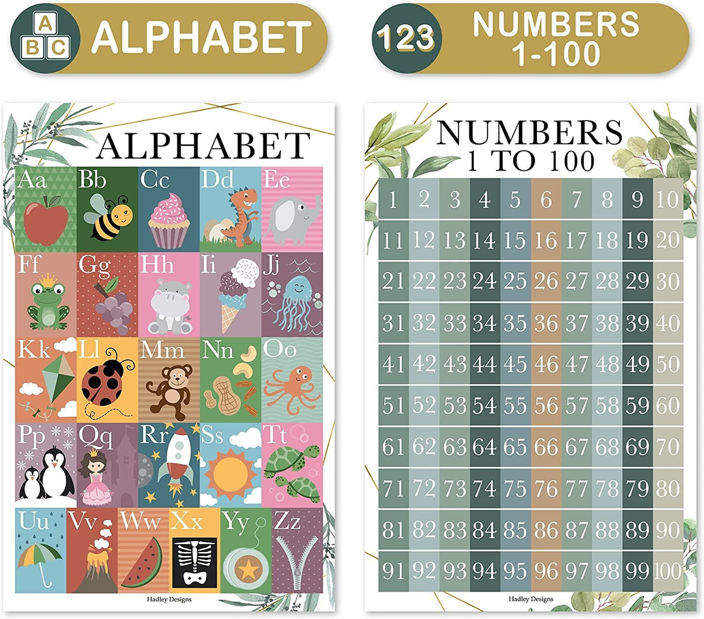 Greenery Posters | ABC, Numbers 1-100, Colors, and Shapes | Set of 4