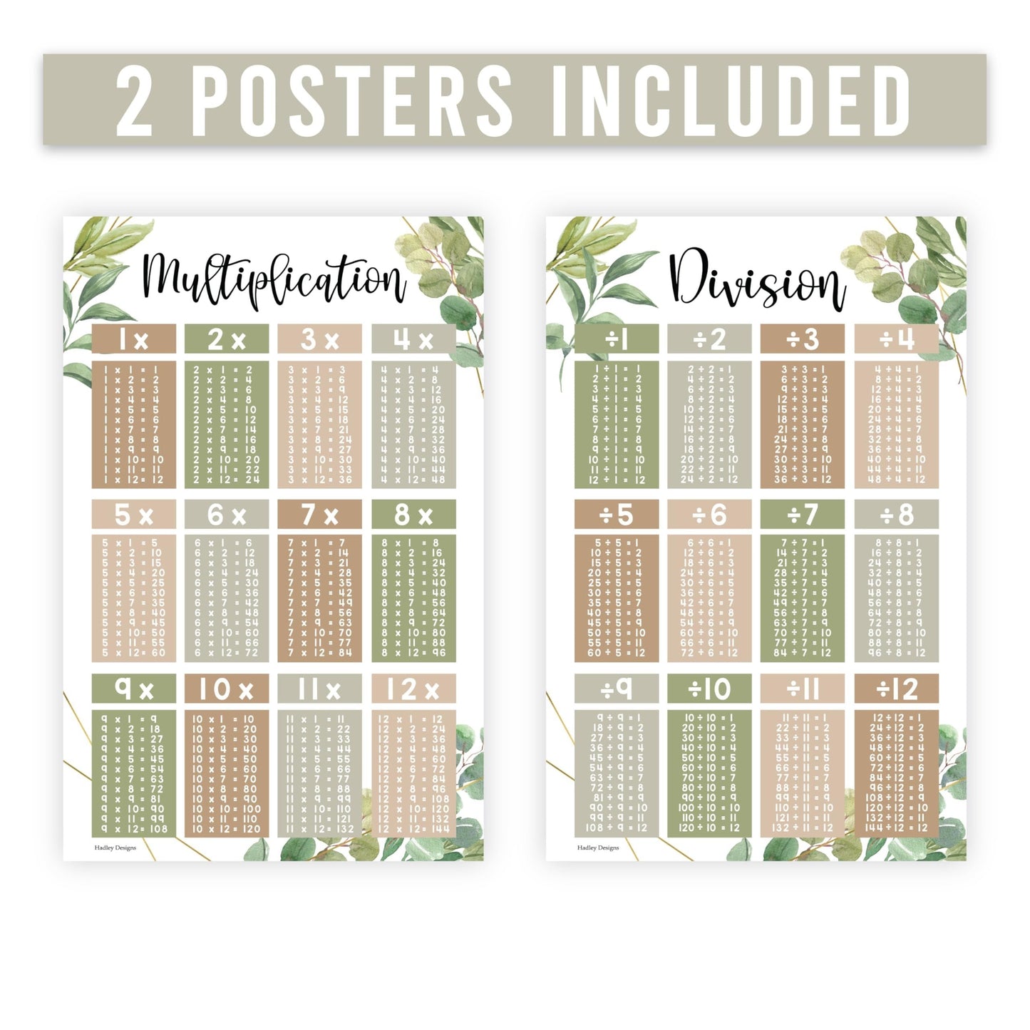 Greenery Large Multiplication & Divison Posters | Set of 2 | Educational Posters