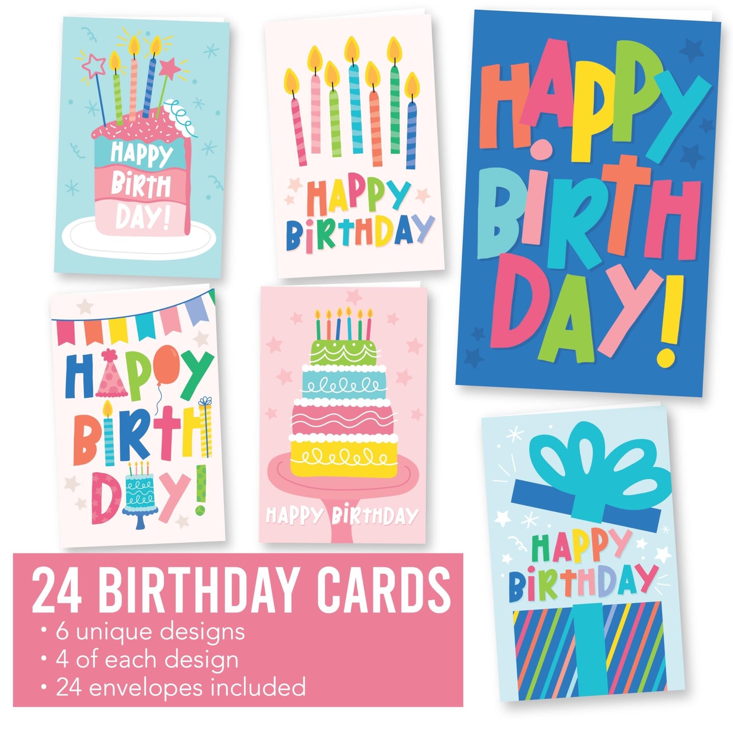 Happy Birthday Cards | Set of 24 | Envelopes Included | Cards & Party