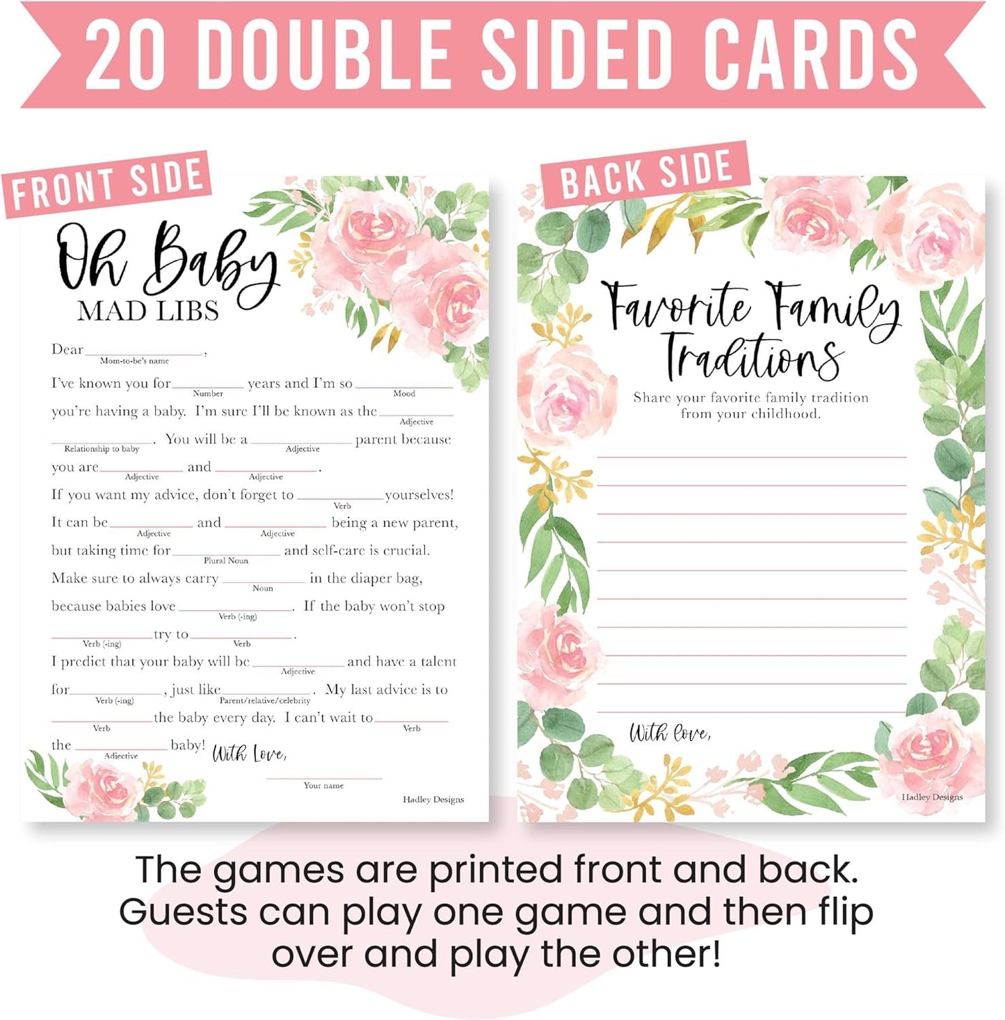 20 Floral Baby Shower Games For Girl - Hilarious Baby Shower Games Girl, Advice Cards Baby Shower Mad Libs Game Funny, Family Tradition Cards For Baby Shower, Baby Girl Baby Shower Games Funny