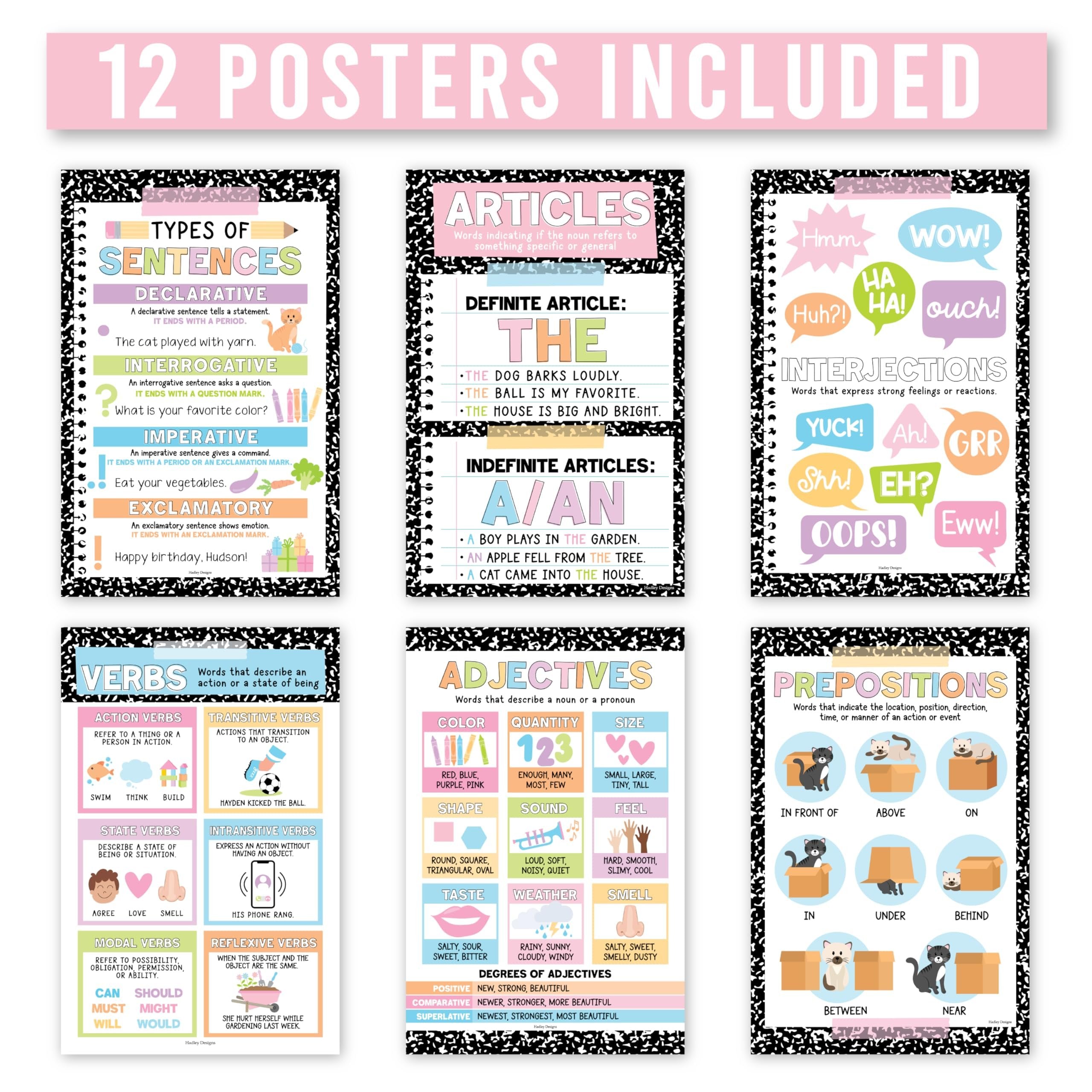 Parts of Speech Posters | Set of 12 | Educational Posters