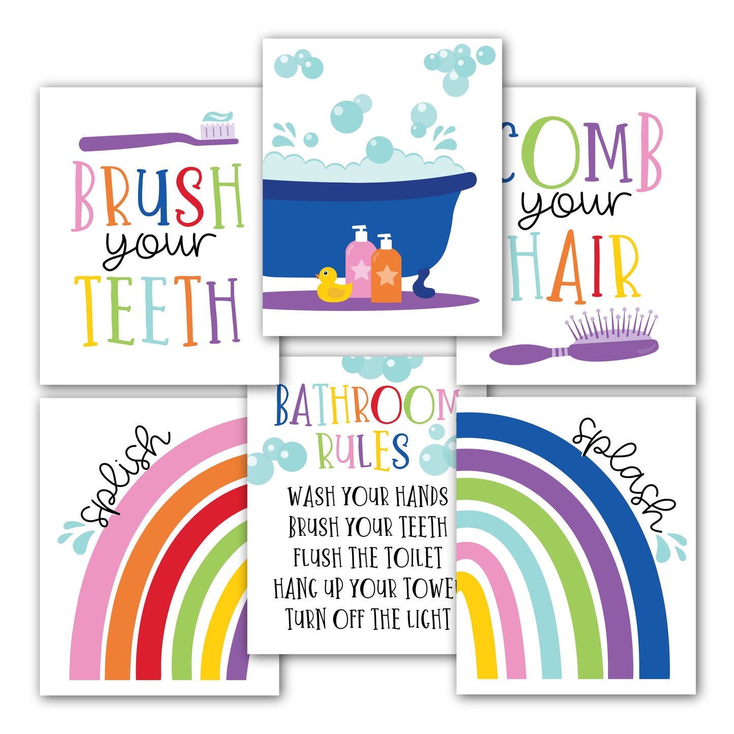 Kids Bathroom Wall Art | Set of 6 Reversible Prints | Home Decor