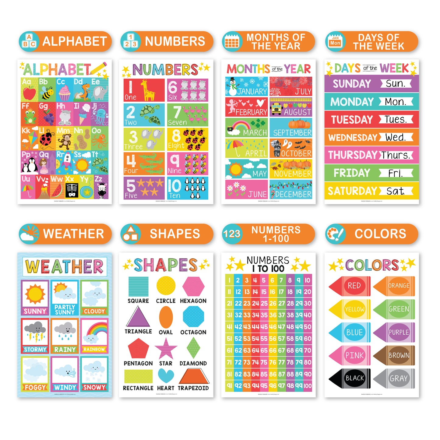 16 Colorful Prek and Kindergarten Posters and 9 Phonics and Vowels Posters for Classroom or Home