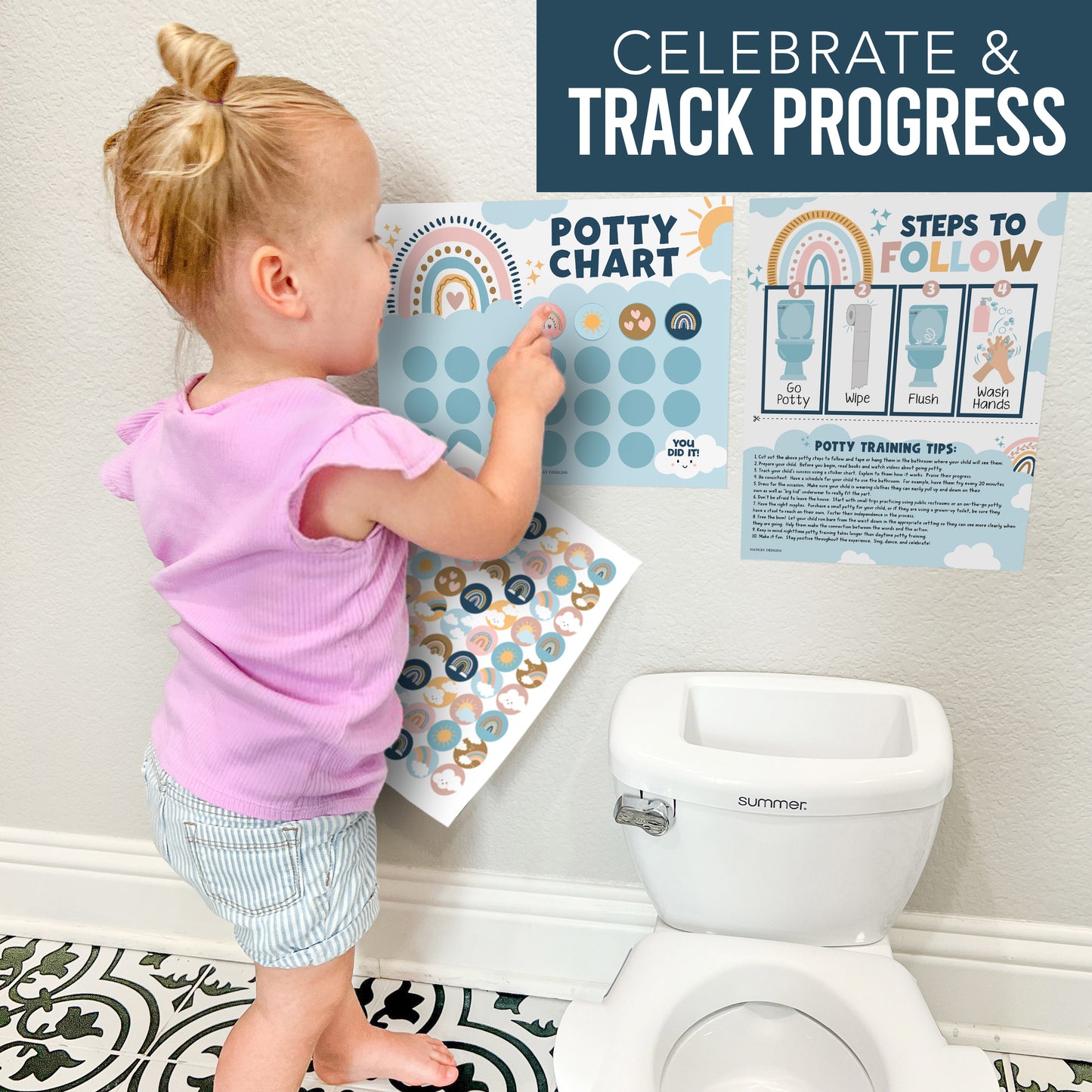 10 Boho Rainbow Potty Training Charts & 6 Bathroom Wall Art Decor Prints