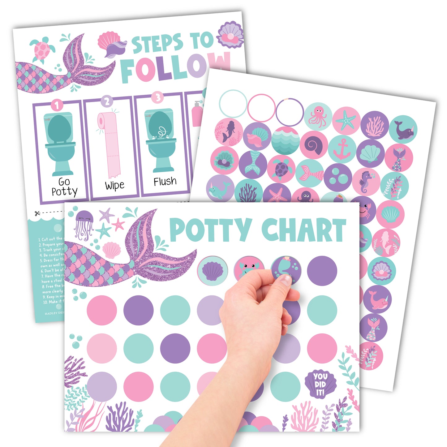 10 Mermaid Potty Training Charts & 6 Under the Sea Bathroom Wall Art Decor Prints