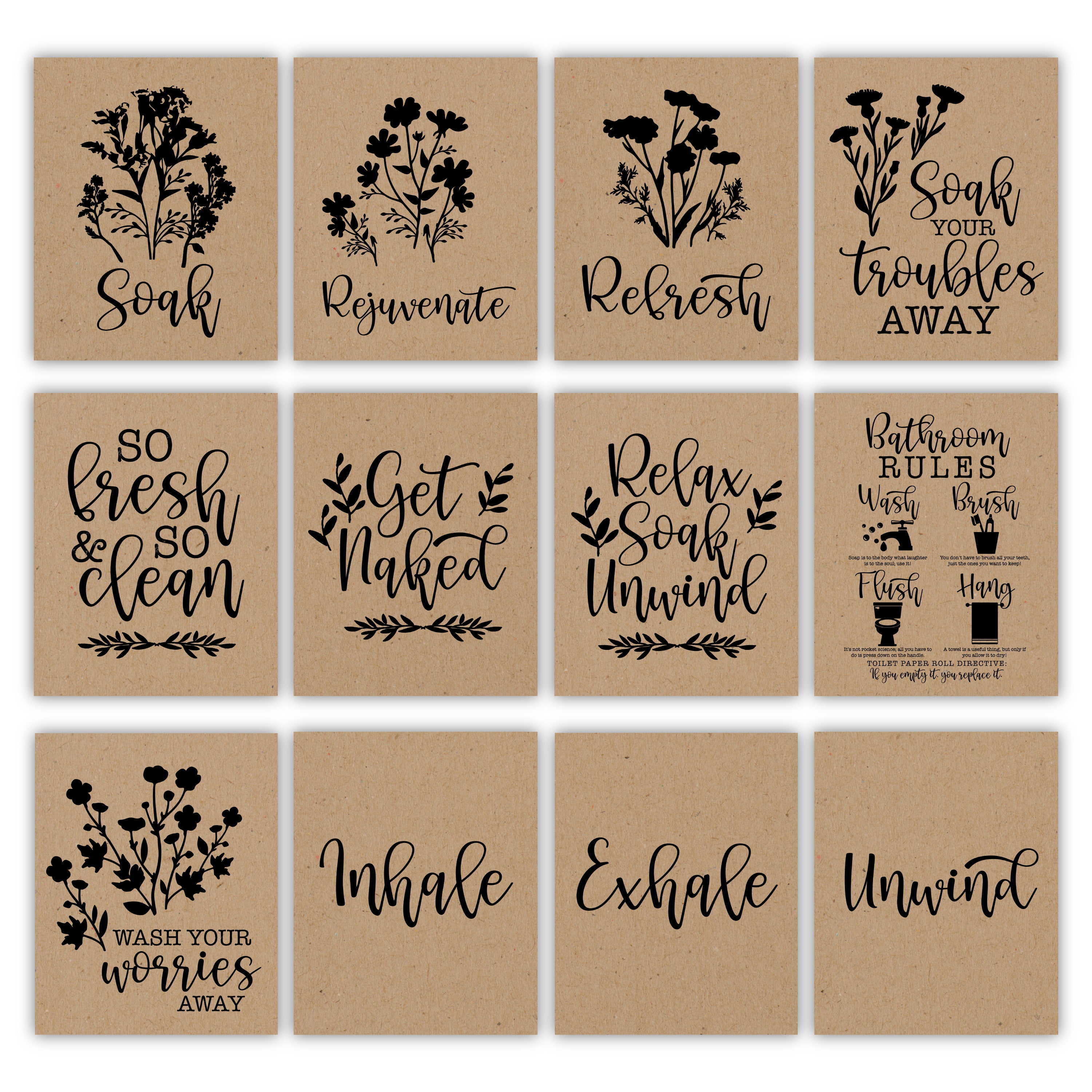 Relaxing Bathroom Wall Art | Set of 6 Reversible Prints | Home Decor