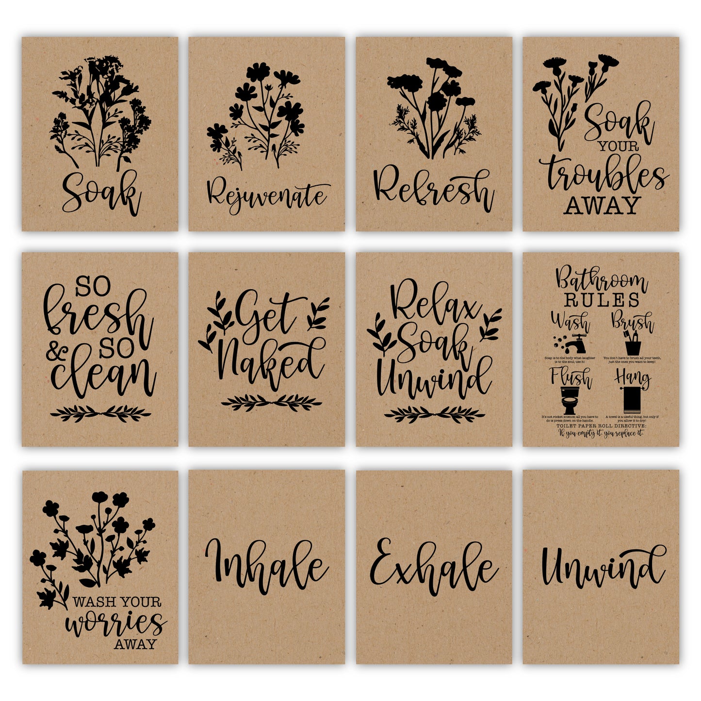 Relaxing Bathroom Wall Art | Set of 6 Reversible Prints | Home Decor