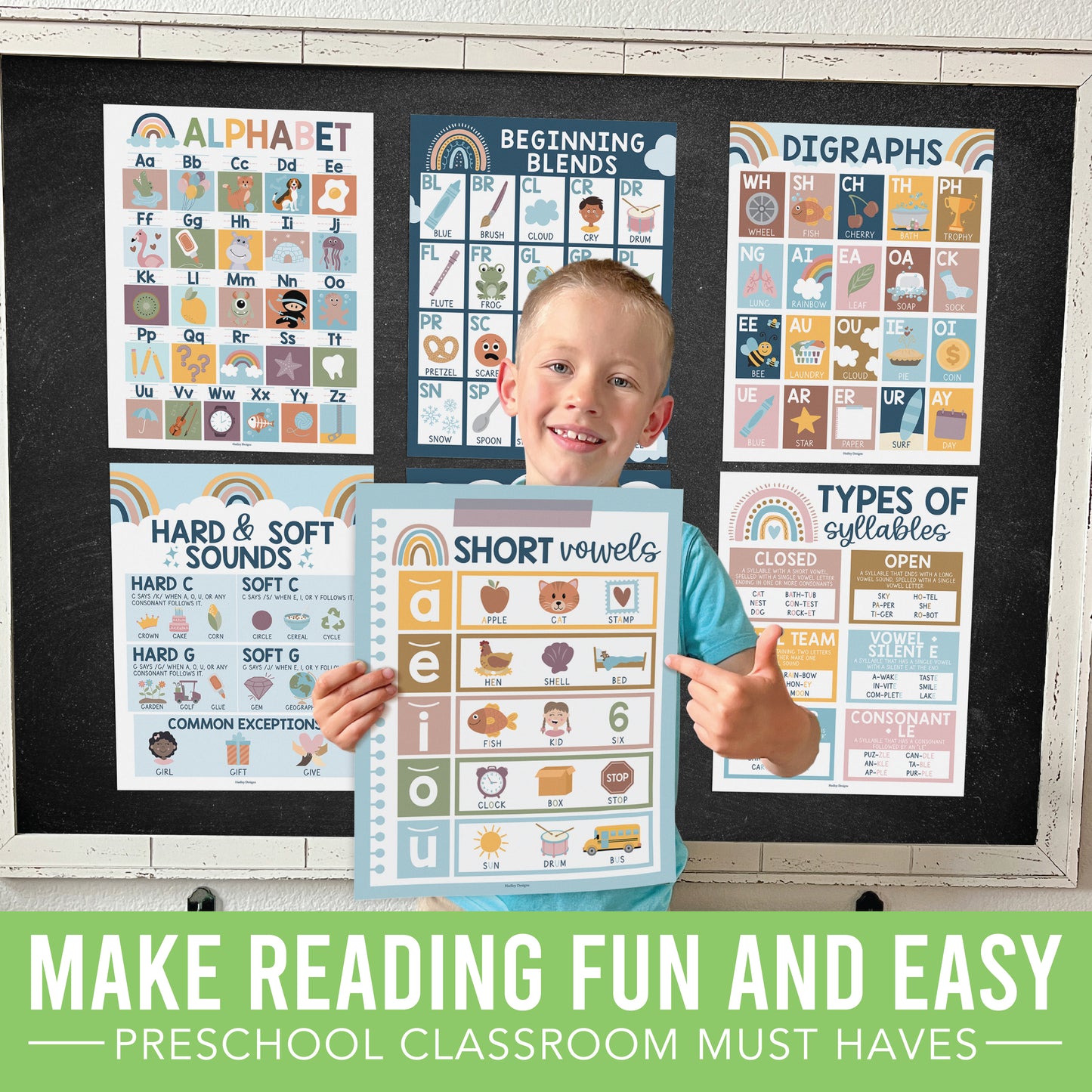 16 Boho Rainbow Prek and Kindergarten Posters and 9 Phonics and Vowels Posters for Classroom or Home