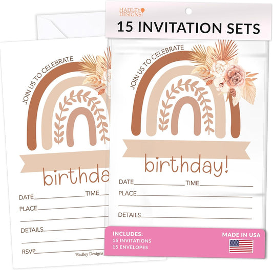 15 Boho Rainbow Birthday Invitations Girl - Boho Birthday Party Invitations For Girls, Boho Invitations For Birthday Party Invitation Girl, Birthday Invitation Cards, Kids Birthday Invitations