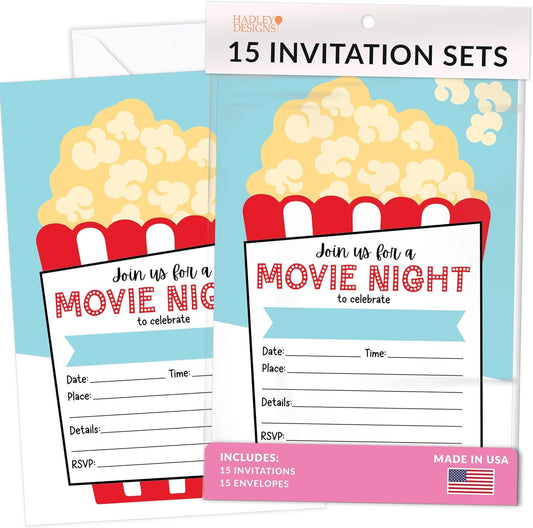 15 Movie Night Birthday Invitations Girl - Kids Birthday Invitations Boy, VIP Birthday Party Invitations For Boys, Birthday Invites For Boy, Outdoor Movie Night Birthday Invitation Cards, Party Invite