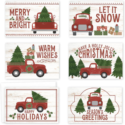 24 Red Truck Christmas Holiday Cards Bulk With Envelopes - Happy Holiday Cards Boxed With Envelopes, Pack Of Christmas Cards With Envelopes, Assorted Christmas Cards Boxed With Envelopes, Winter Cards