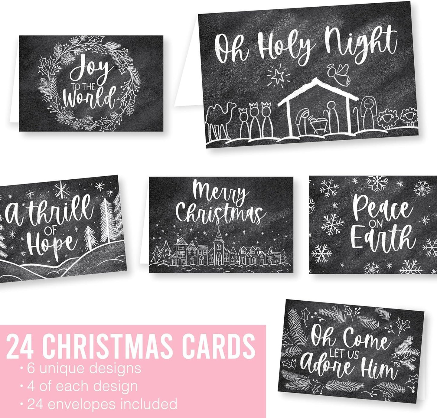 24 Chalkboard Religious Christmas Cards Boxed With Envelopes Religious - Merry Christmas Cards Bulk With Envelopes, Assorted Christmas Cards With Envelopes, Boxed Christmas Cards Religious