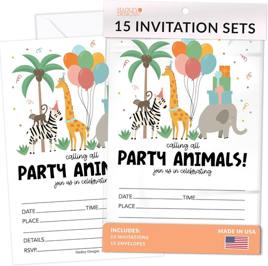 15 Party Animal Birthday Invitations Girl - Kids Birthday Invitations Boy, Jungle Birthday Party Invitations For Boys, Zoo Birthday Invites For Boy, Birthday Invitation Cards, Birthday Party Invites