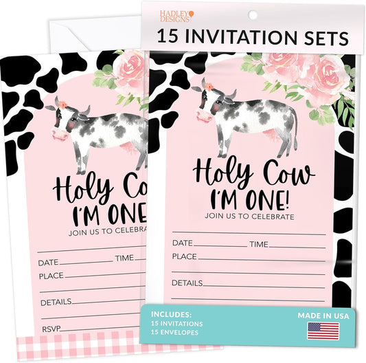 15 Holy Cow Im One Birthday Invitations Girl - Cow Birthday Party Invitations For Girls, Cow Invitations For Birthday Party Invitation Girl, Invitation Cards Birthday, Kids Birthday Invitations Girl