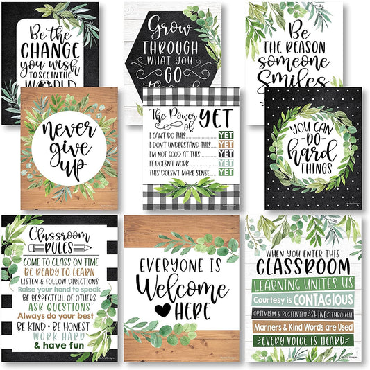 Farmhouse Boho Greenery Black & White Chalk Classroom Motivational Posters
