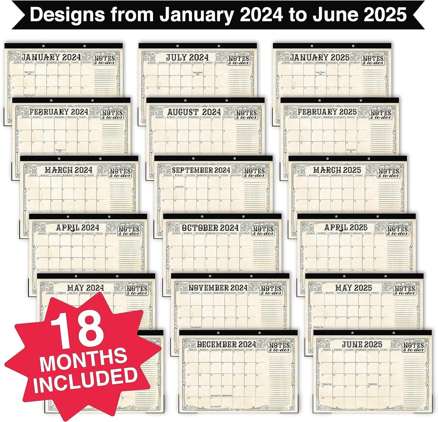 Vintage Large Desk Calendar 2024-2025 - Desk Calender 2024 Monthly, Desktop Calendar 2024-2025, Desk Planner 2024 Calendar Desk, Desk Calander 2024 Large, Office Calendar, Desk Pad Calendar 2024
