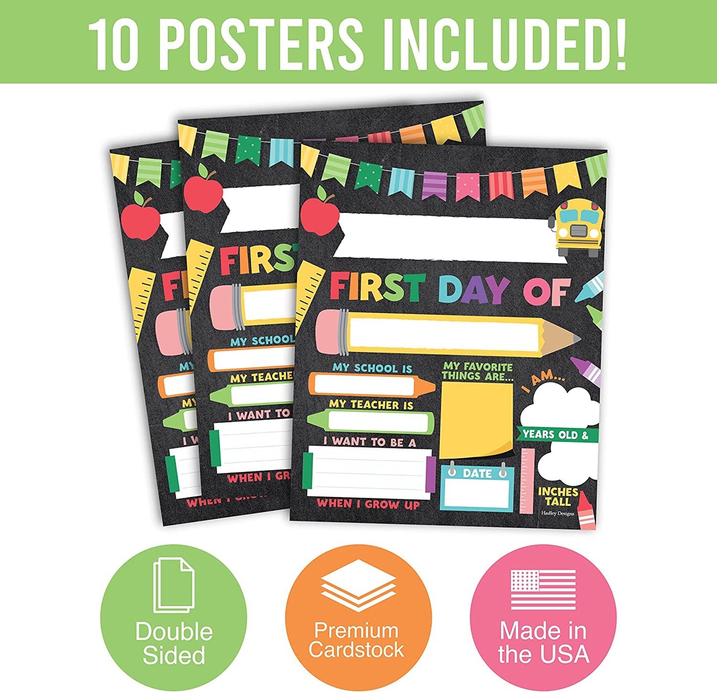 Colorful Icons Back to School Signs | Set of 10 | First & Last Day | Educational Posters