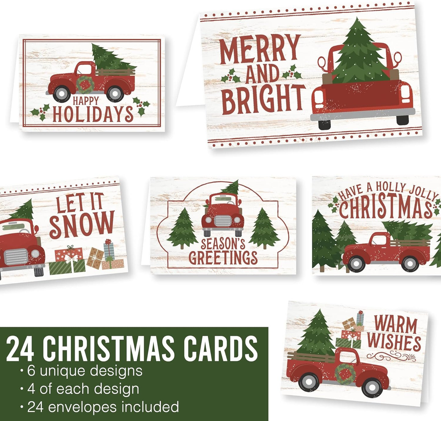 24 Red Truck Christmas Holiday Cards Bulk With Envelopes - Happy Holiday Cards Boxed With Envelopes, Pack Of Christmas Cards With Envelopes, Assorted Christmas Cards Boxed With Envelopes, Winter Cards